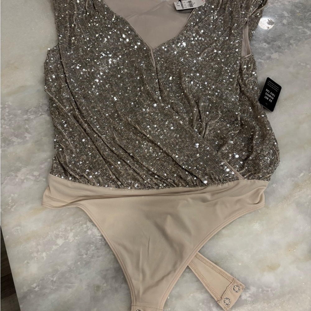 Express Sequin Surplice Bodysuit M Champagne Silver NWT Party Holiday NYE